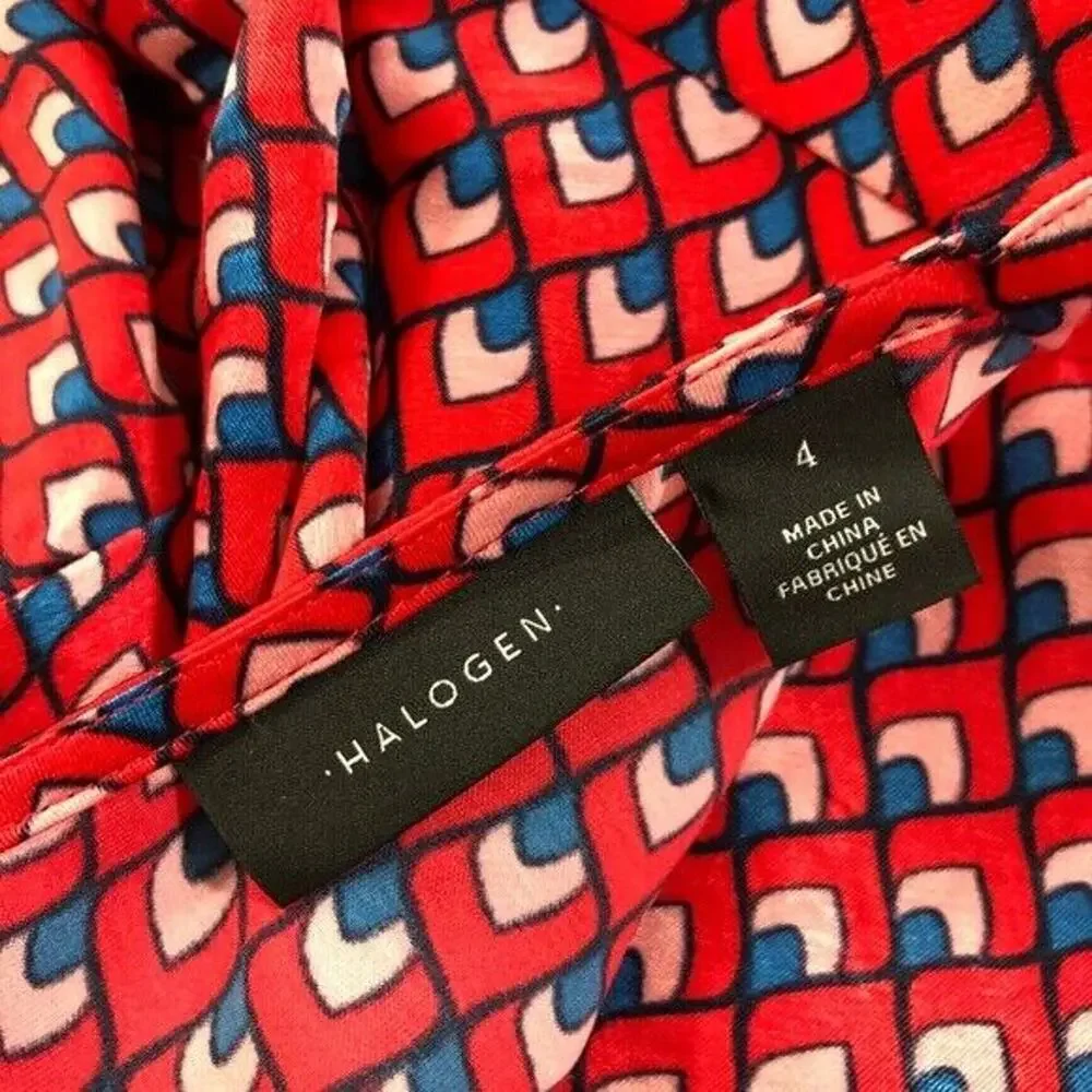 Halogen Midi Dress Womens Size 4 Red All Over Print V-Neck Long Sleeve Fit Flare